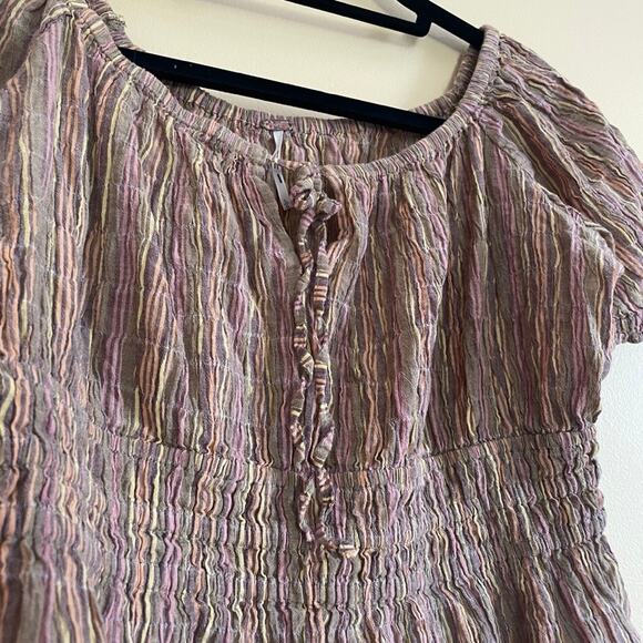 Free People Vivi Smocked Peasant Blouse Natural Stripe Sz L Neutral Boho Stripe - Picture 3 of 9